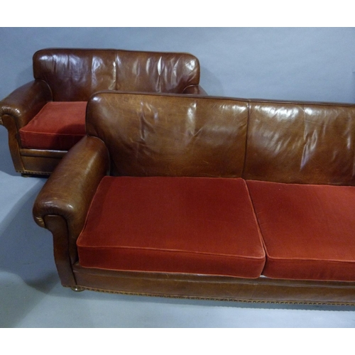 358 - An Edwardian style three seater sofa and matching two seater sofa upholstered in chestnut hide  with... 