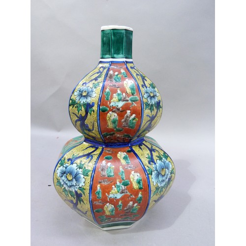 20 - A 20th century Japanese double gourd vase of octagonal outline painted with alternating panels of fi... 