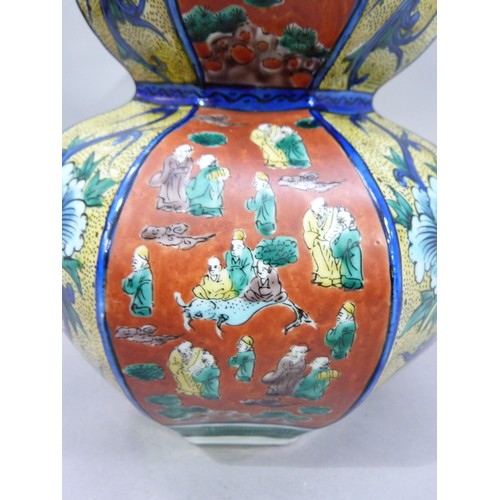 20 - A 20th century Japanese double gourd vase of octagonal outline painted with alternating panels of fi... 