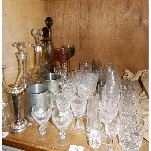 72 - Two smoked glass decanters and five glasses, three various clear glass decanters and a quantity of c... 