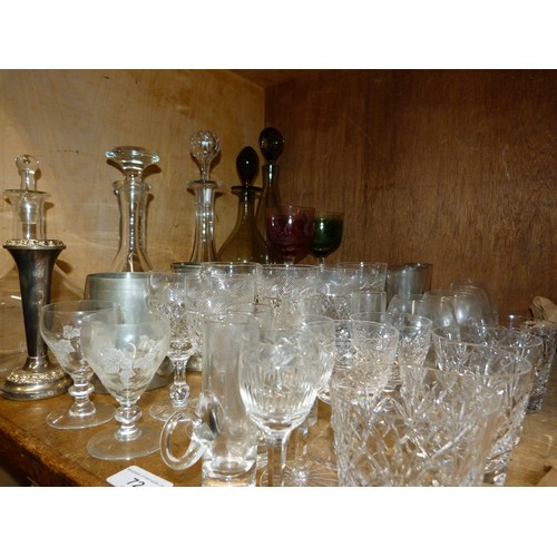 72 - Two smoked glass decanters and five glasses, three various clear glass decanters and a quantity of c... 