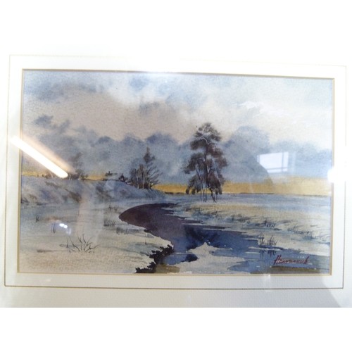 252B - A pair of 20th century watercolours; winter landscape with stream and river landscape Russian church... 