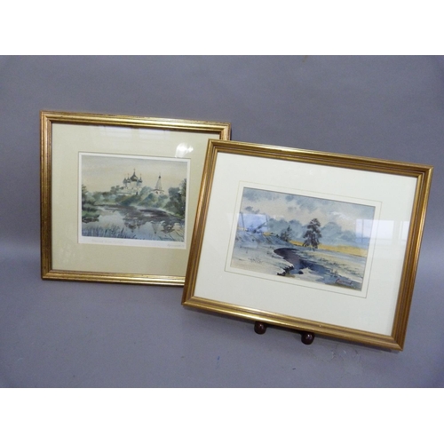 252B - A pair of 20th century watercolours; winter landscape with stream and river landscape Russian church... 