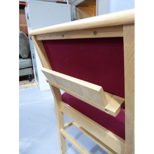 293 - A set of four beech framed single chairs upholstered in crimson to the back and seats, each with boo... 