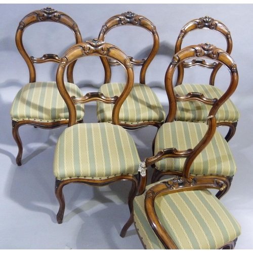 317 - A set of six Victorian walnut balloon back dining chairs with foliate carved top rail, scrolled tie ... 