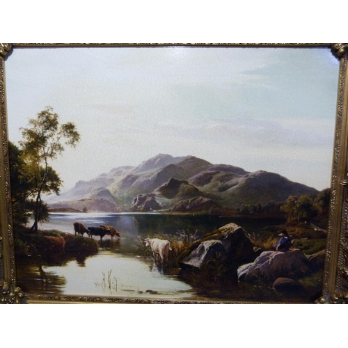 207 - A pair of reproduction prints, lake and mountain landscape with cattle watering and another similar ... 