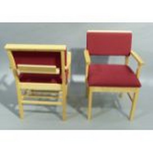 296 - A pair of beech framed carvers upholstered in crimson to the back and seats each with a bookrest to ... 