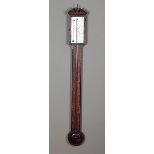 360 - AN 18TH CENTURY MAHOGANY AND CHEQUERED LINE INLAID STICK BAROMETER, John Giusani, Wolverhampton c.18... 