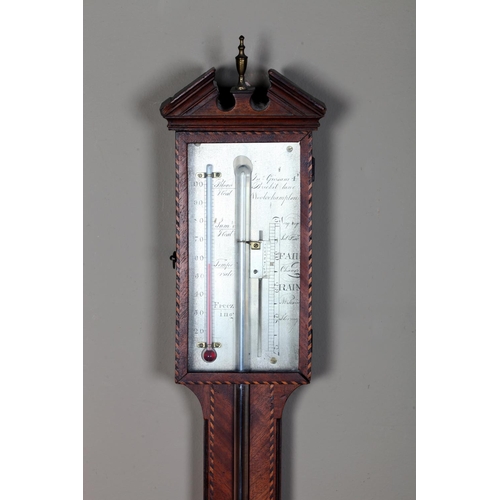 360 - AN 18TH CENTURY MAHOGANY AND CHEQUERED LINE INLAID STICK BAROMETER, John Giusani, Wolverhampton c.18... 