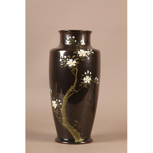 2 - A Chinese vase of tapered form, the dark brown ground, moulded and painted with a prunus tree and wh... 