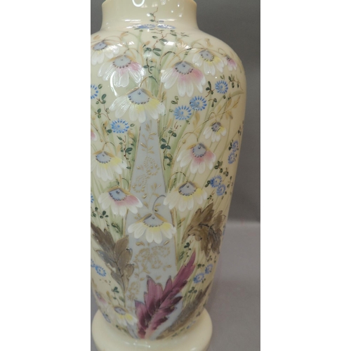 21 - An Edwardian milk glass vase hand painted with sprays of flowers, 33cm high