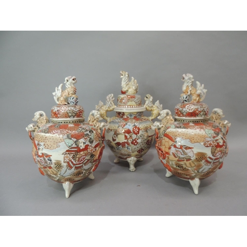23 - Three early twentieth century Japanese pottery koros and covers, each domed cover with a Dog of Fo f... 
