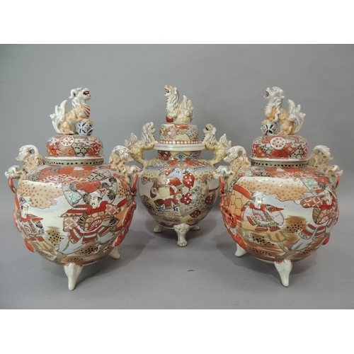 23 - Three early twentieth century Japanese pottery koros and covers, each domed cover with a Dog of Fo f... 