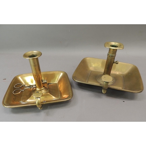 60 - Two Victorian brass chamber sticks, one with pair of candle snuffers, both lacking conical snuffers,... 