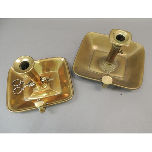 60 - Two Victorian brass chamber sticks, one with pair of candle snuffers, both lacking conical snuffers,... 