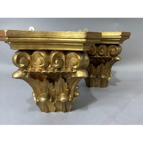 10 - A pair of giltwood wall brackets of leaf and scroll capitol design, height 18.5cm