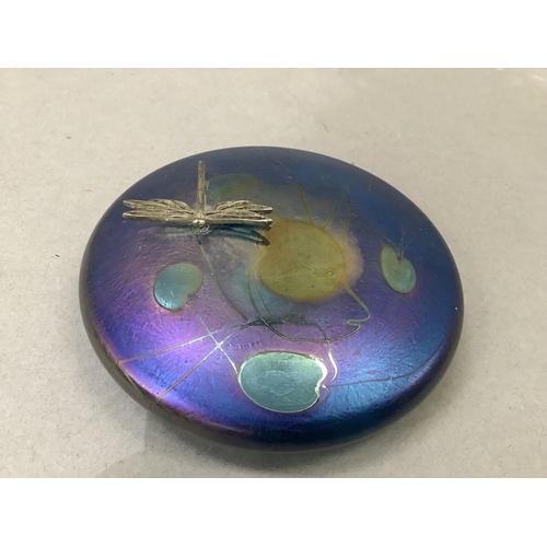 2 - A Ditchfield for Glassform blue lustre paperweight mounted with a white metal dragonfly, etched sign... 