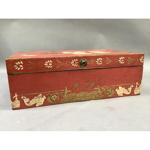 4 - A chinoiserie storage box of red ground printed with figures in a garden landscape, 41cm wide by 26c... 