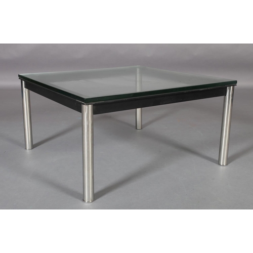 179 - A clear glass coffee table, square, on black and chrome tubular legs, 70cm