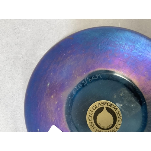 2 - A Ditchfield for Glassform blue lustre paperweight mounted with a white metal dragonfly, etched sign... 