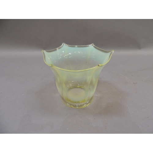 52 - A late Victorian/Edwardian vaseline glass lightshade of hexagonal panel outline with bracketed rim, ... 