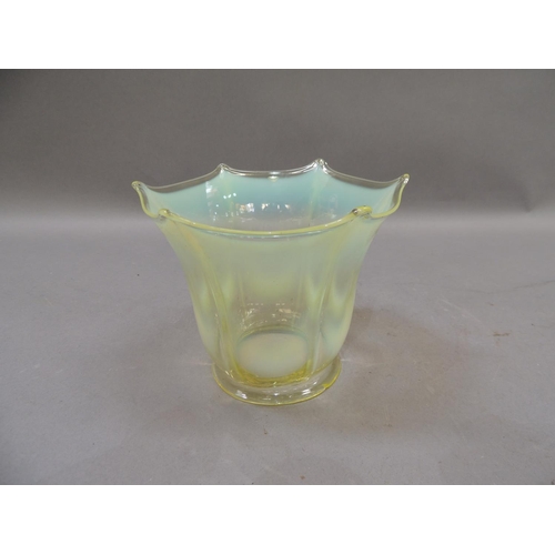 52 - A late Victorian/Edwardian vaseline glass lightshade of hexagonal panel outline with bracketed rim, ... 