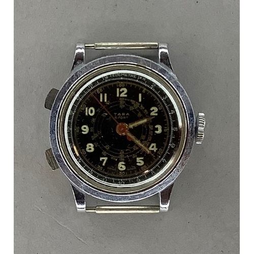 404 - A Tara Gentleman's Sport wristwatch, circa 1950 in chromed case lever movement with stop work, black... 