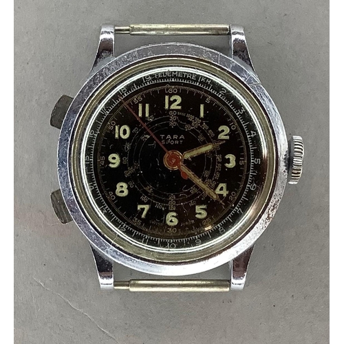 404 - A Tara Gentleman's Sport wristwatch, circa 1950 in chromed case lever movement with stop work, black... 