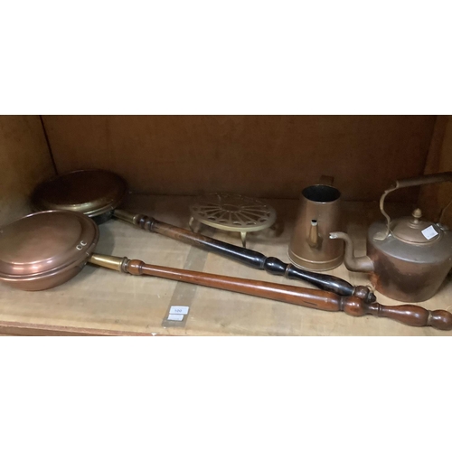 100 - Two Victorian copper and brass warming pans, a Victorian copper kettle with acorn knop, a copper jug... 