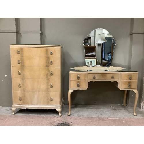 115 - A two piece walnut bedroom suite comprising bow fronted chest of five figured drawers on squat cabri... 