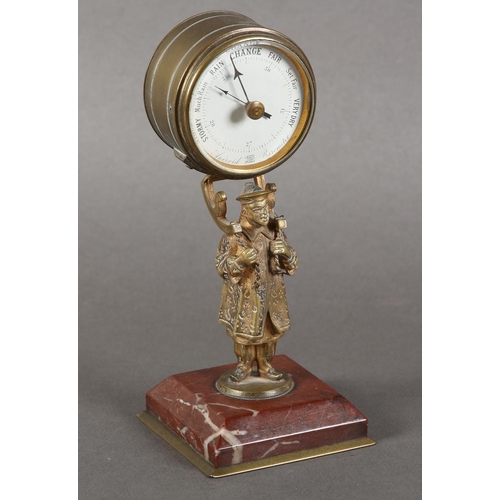 8 - A late 19th century gilt-brass desk barometer, the drum casing held aloft by the figure of a China m... 