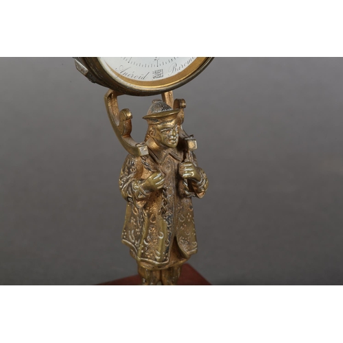 8 - A late 19th century gilt-brass desk barometer, the drum casing held aloft by the figure of a China m... 