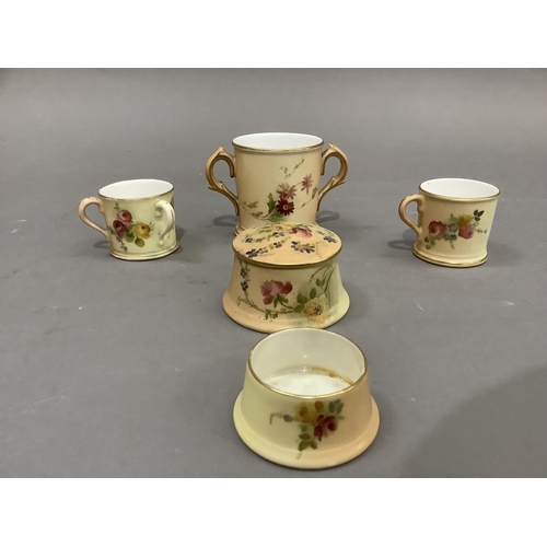 48 - Five items of Royal Worcester blush ivory printed and painted with sprays of flowers, to include a m... 