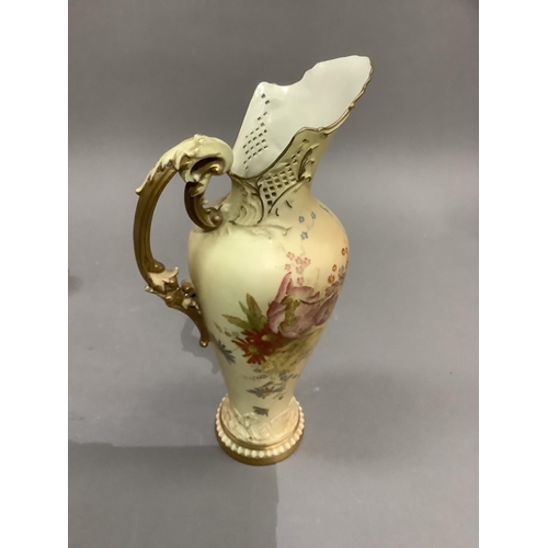 49 - A Royal Worcester ewer having a moulded and pierced neck and lid, the tapered body printed and paint... 