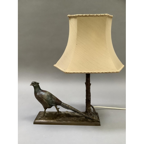 51 - A cold painted metal pheasant and tree on a naturalistic base of rectangular outline, as a lamp, 29.... 