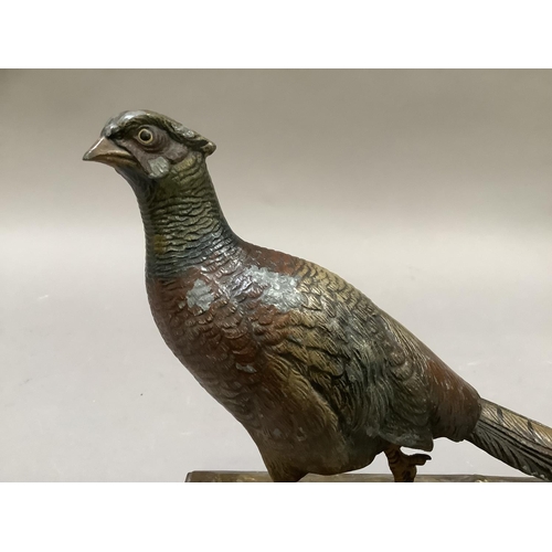 51 - A cold painted metal pheasant and tree on a naturalistic base of rectangular outline, as a lamp, 29.... 