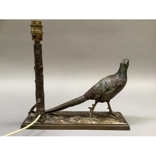 51 - A cold painted metal pheasant and tree on a naturalistic base of rectangular outline, as a lamp, 29.... 