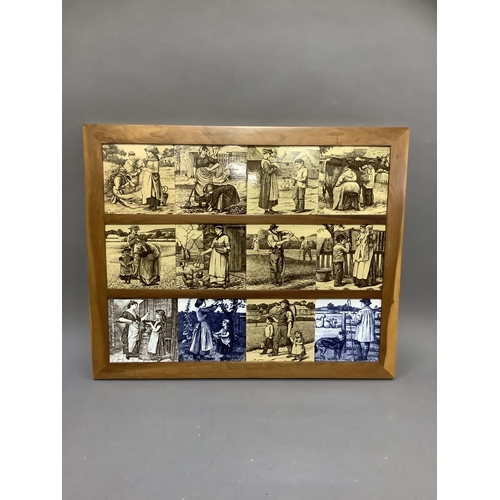 181 - A framed set of Victorian tiles designed by W Wise, printed in sepia and blue and white depicting fa... 