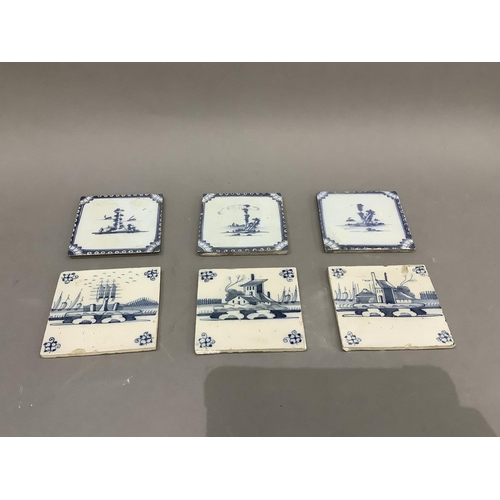 36 - Six Delft blue and white tiles, three painted with coastal houses and shipping and three in the Chin... 