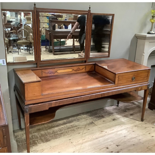 186 - An early 19th century spinette converted to a dressing table with triple mirrors, inlaid with flower... 