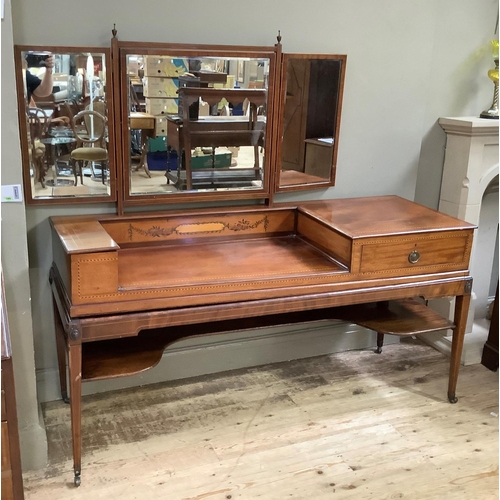 186 - An early 19th century spinette converted to a dressing table with triple mirrors, inlaid with flower... 