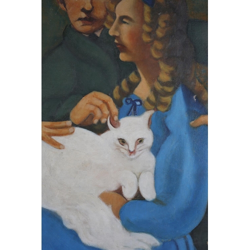 136 - W** Grindley, British 20th century, family group and white cat, oil on canvas, signed and dated '28 ... 