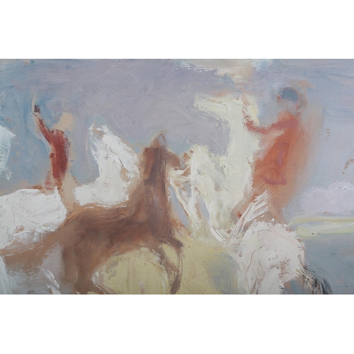 143 - ARR Peter McGinn (Scottish, 20/21st century), Equestrian figures in a landscape, oil on board, signe... 