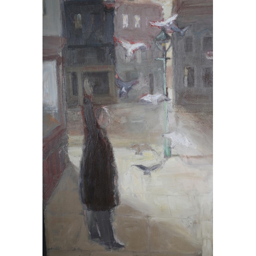 144 - ARR Peter McGinn (Scottish, 20/21st century), Street scene with figure of a man and birds, oil on ca... 