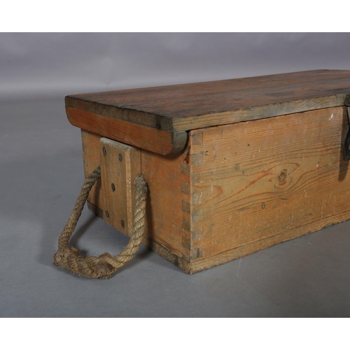 137 - A pine box, rectangular, with iron hasp and rope carrying handles, 66cm x 32cm