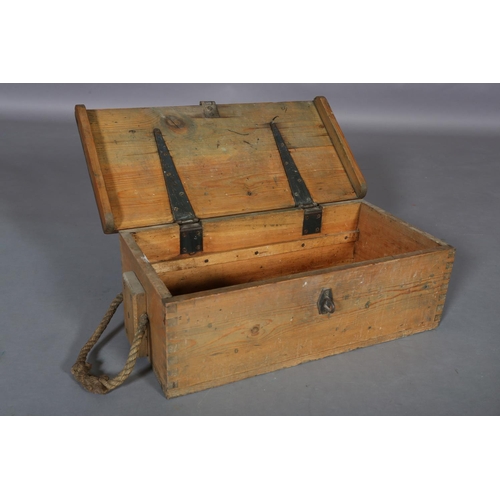 137 - A pine box, rectangular, with iron hasp and rope carrying handles, 66cm x 32cm