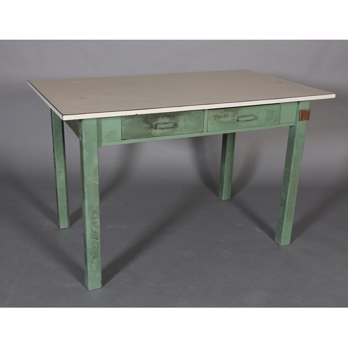 139 - A formica topped and painted pine kitchen table with two drawers to the apron, on square legs, 123cm... 