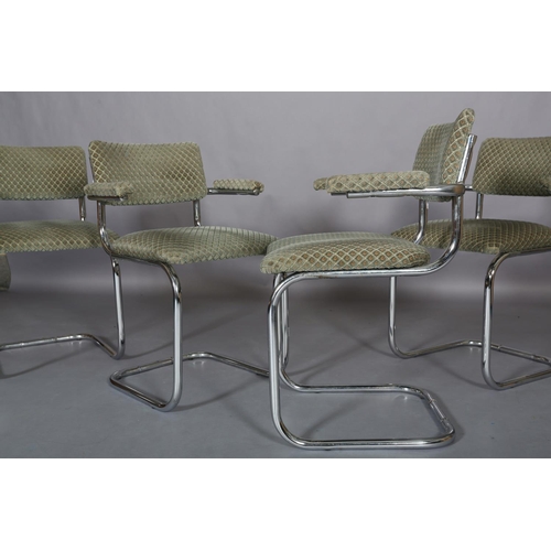 160 - A set of four Modernist style cantilever open armchairs, chrome tubular frames with upholstered back... 