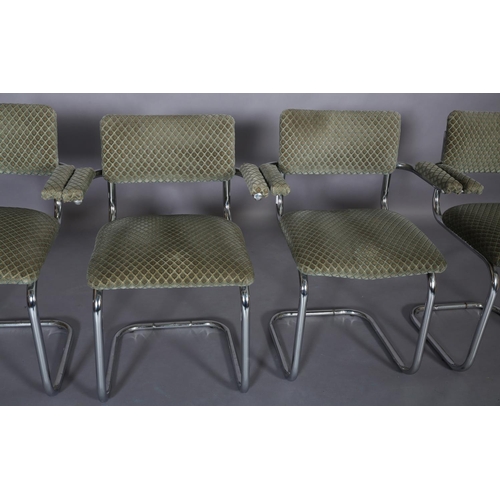 160 - A set of four Modernist style cantilever open armchairs, chrome tubular frames with upholstered back... 