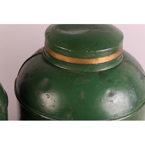 161 - A pair of 19th century toleware tea canisters, cylindrical, the green ground with panel and numbers ... 